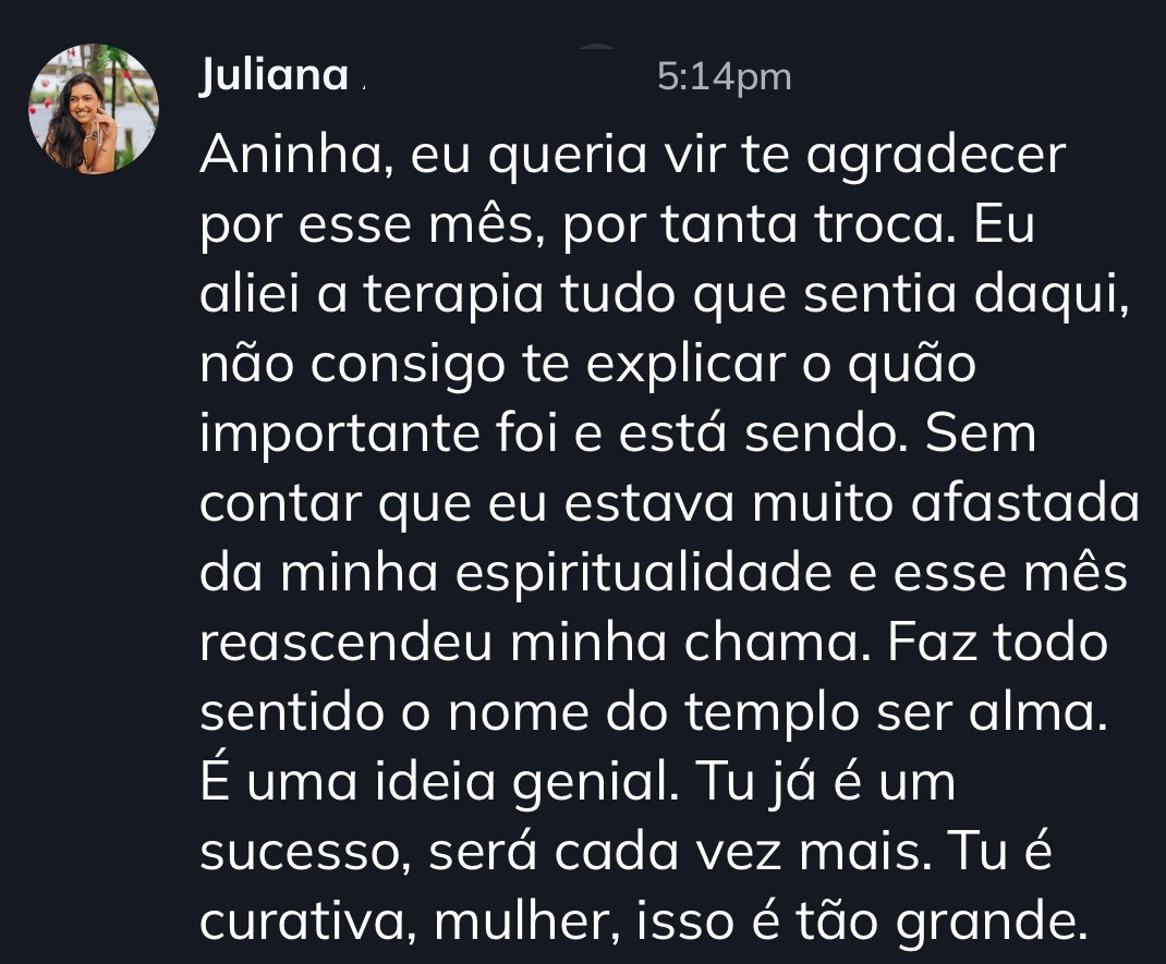 Feedback da Juliana Azevedo sobre o impacto do Templo.